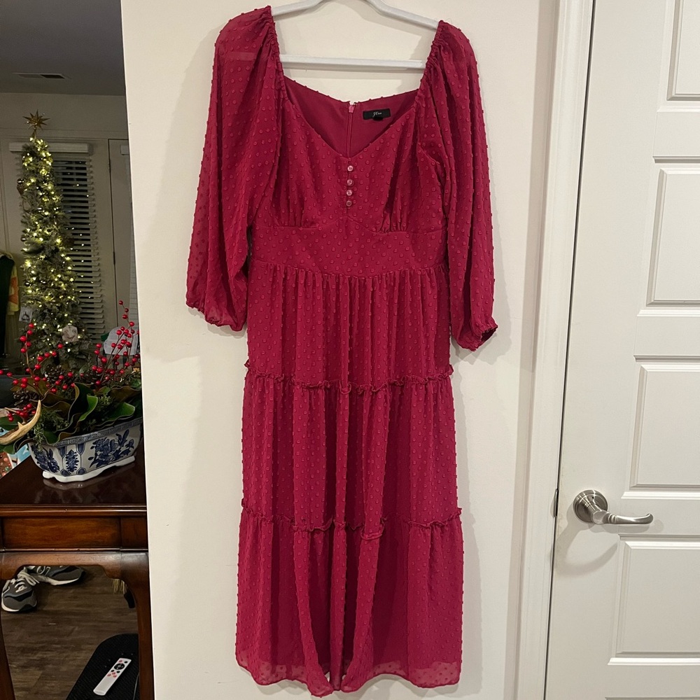 J Crew Tiered Swiss Dot Midi Dress 3/4 Sleeves Sweetheart Neckline AG545
